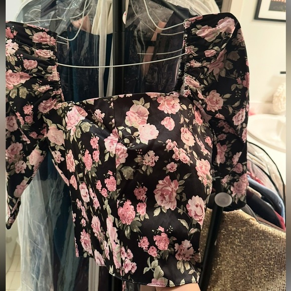 Black Pink Floral Long puff Sleeve Cropped Corset Tue Up Top - Picture 4 of 10